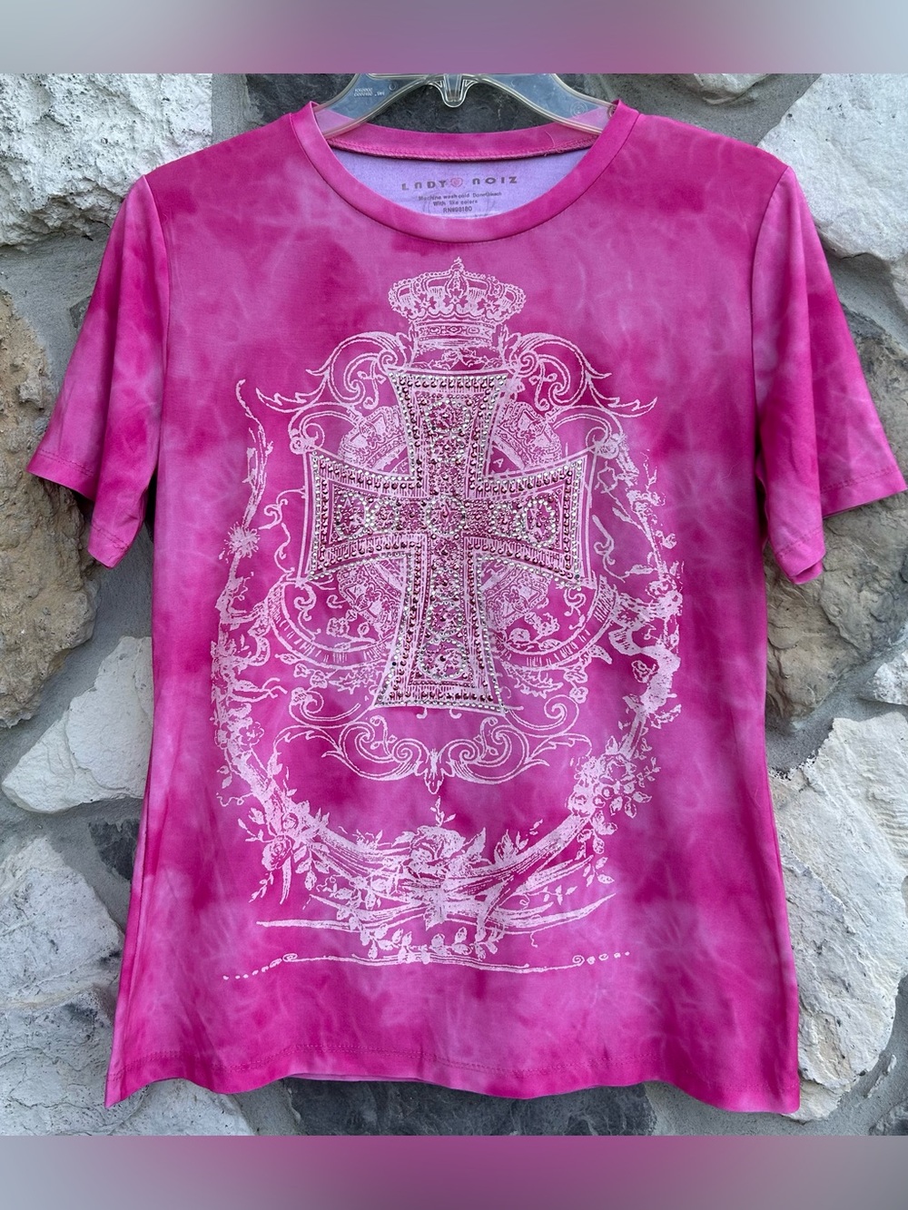 Y2K Rhinestone Grunge Tee Size S Pink Bling Cross Double Sided Tshirt Lady Noiz
